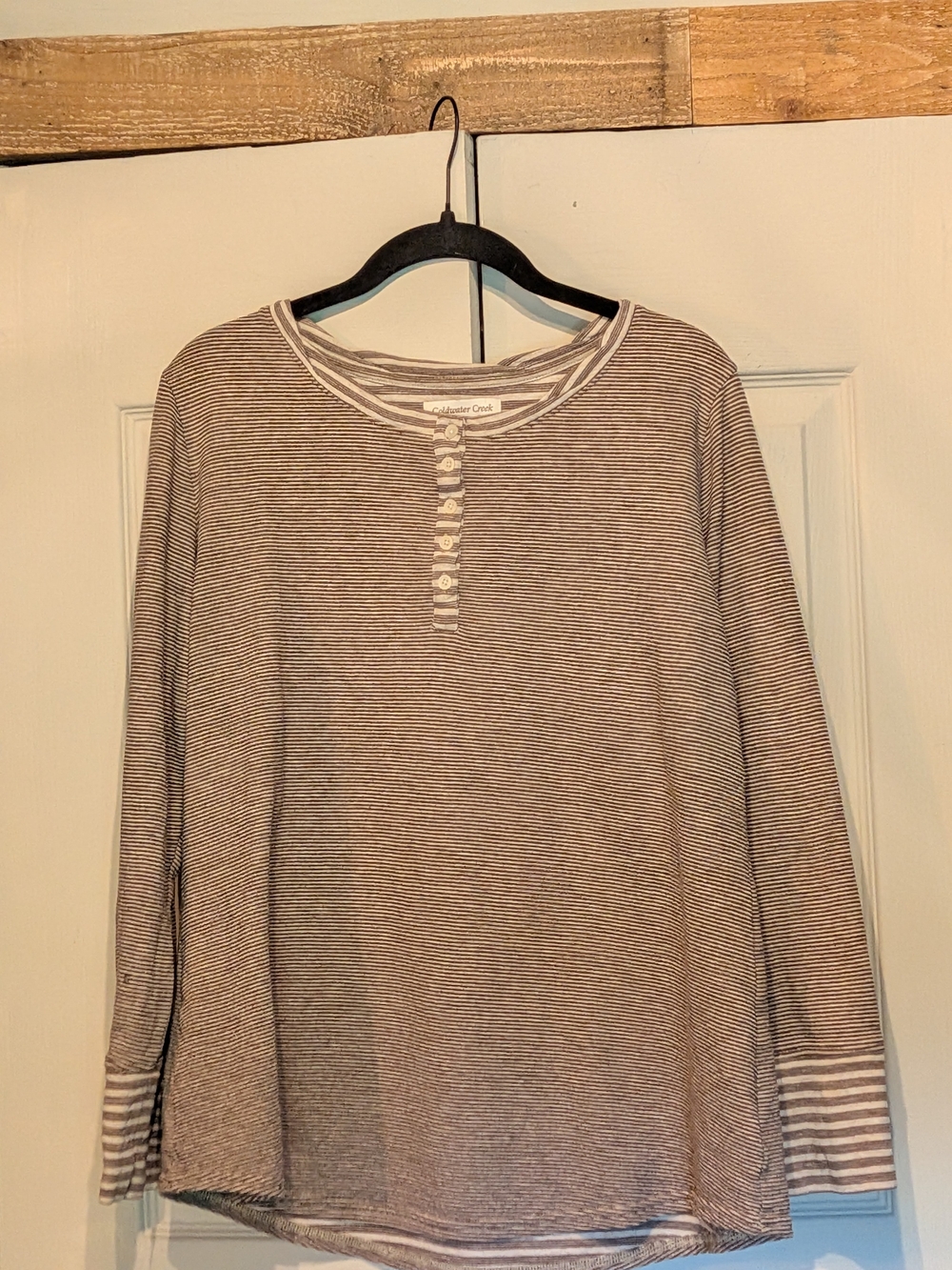 Coldwater Creek Brown and White Striped Long-Sleeve Henley